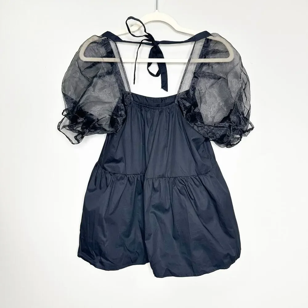 Pomander Place Tuckernuck Tinsley Blouse Sheer Puff Tulle Sleeves Black Small